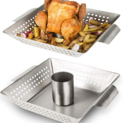 Bruzzzler Hähnchenbräter<br><br> Produktbild Bruzzzler Hähnchenbräter, Geflügelgriller aus Edelstahl, ideal für knusprige Brathähnchen, Hähnchengriller mit Aromaaufsatz zum Füllen mit Bier, Gewürzen etc. – für geschlossene Grills und Backofen